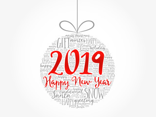 Fototapeta na wymiar Happy New Year 2019, Christmas ball word cloud, holidays lettering collage