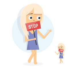 Young girl holding placard with STOP sign.  Hazard warning. 