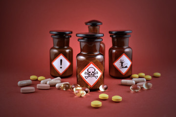 Vial of poison stock images. Vial with warning pictogram stock images. Laboratory accessories....