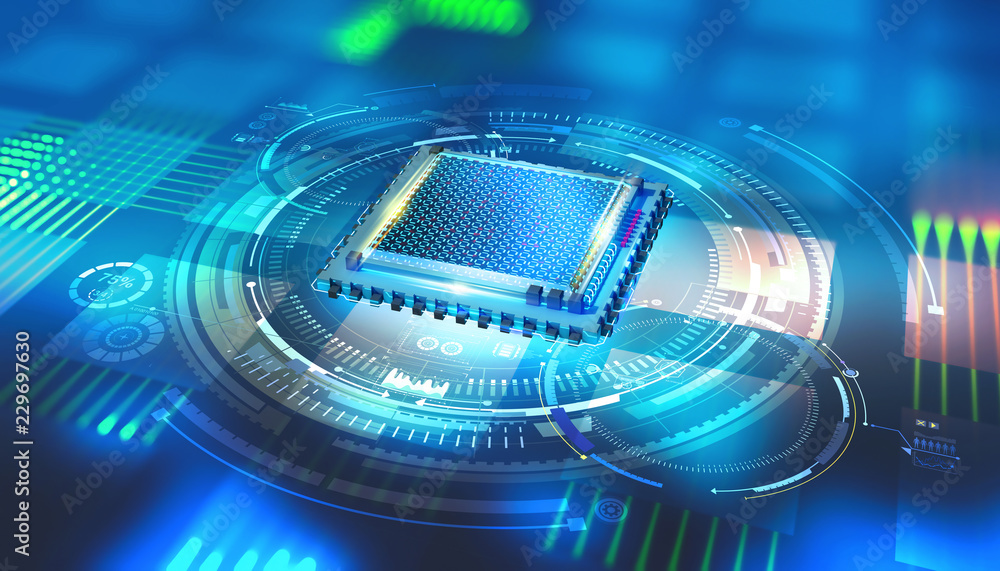 Aufkleber Futuristic CPU. Quantum processor in the global computer network. 3d illustration of digital cyberspace with HUD element