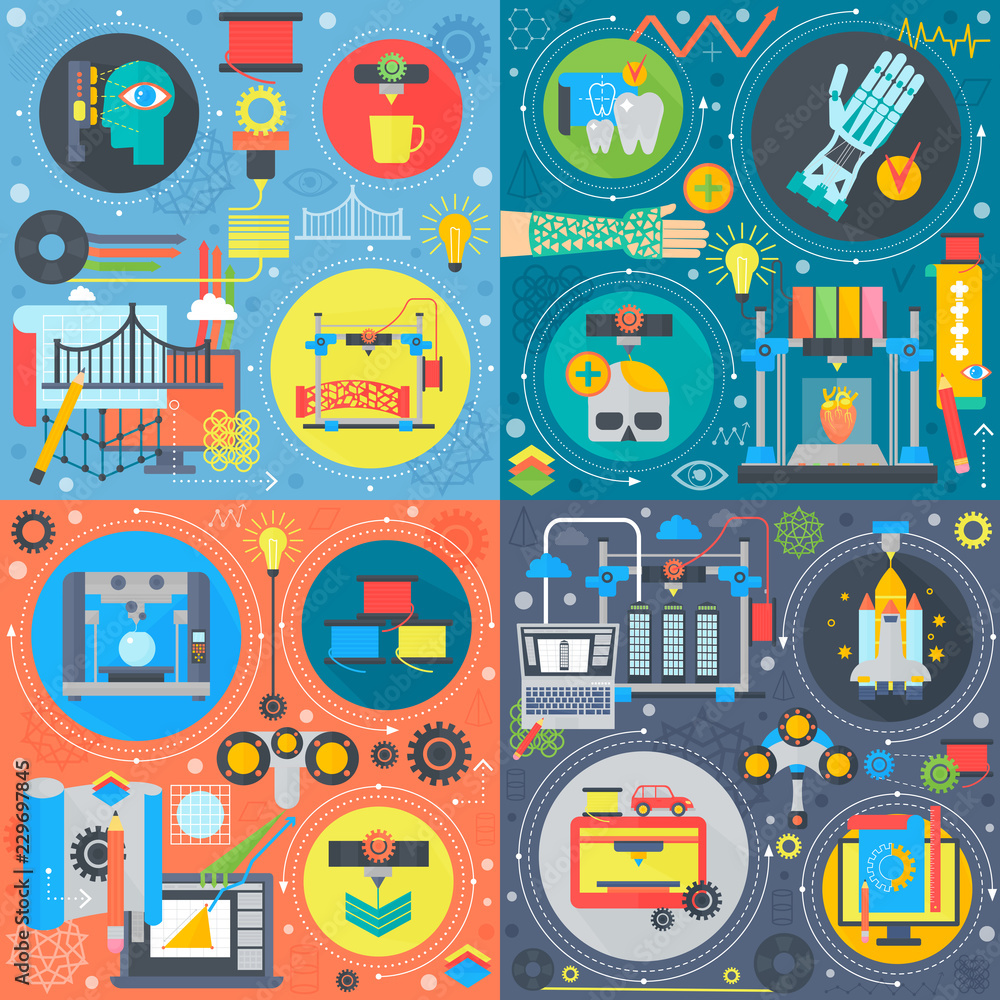 Poster volumetric printing concept design with printing technology details. 3d modeling industry vector ill