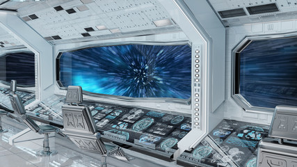 White clean spaceship interior with view on planet Earth 3D rendering © sdecoret