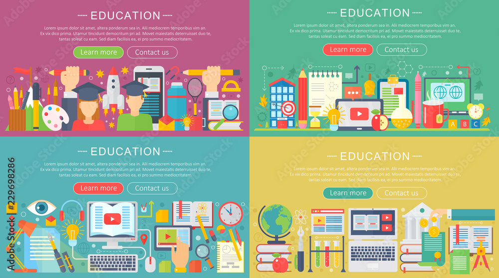 Poster vector collection of flat education design concepts set. back to school horizontal concept with scho