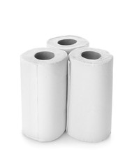 Rolls of paper towels on white background