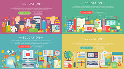 Vector collection of flat education design concepts set. Back to school horizontal concept with school icons items.