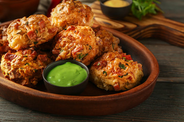 Plate with tasty sausage balls and sauce on wooden table, closeup