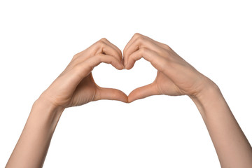 Fototapeta premium Woman making heart with her hands on white background