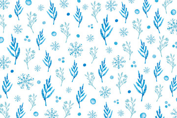 Christmas Pattern With Blue Twigs And Snowflakes On White Background