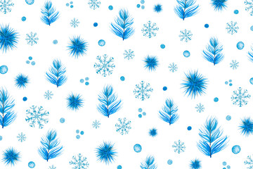 Christmas Pattern With Blue Twigs And Snowflakes On White Background