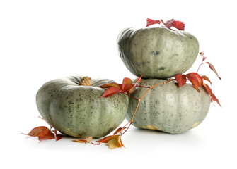 Whole fresh pumpkins with autumn leaves on white background