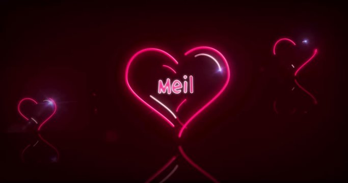 Heart neon lights with multilanguage Love 3D fly between glowing pink hearts in seamless and loopable animation