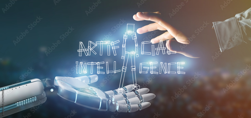 Poster cyborg hand holding a artificial inteligence robot made of light 3d rendering