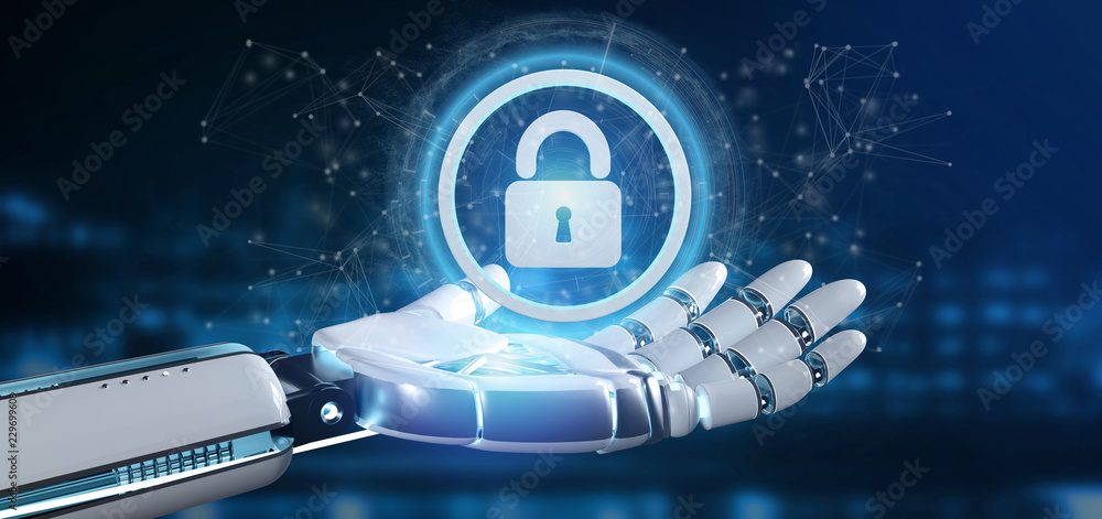 Poster cyborg hand holding a technology security icon on a circle 3d rendering