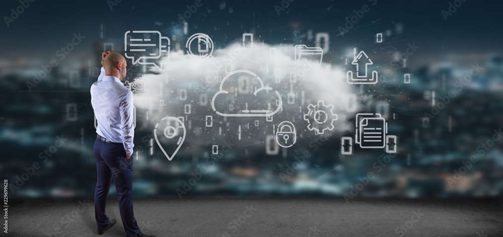 Poster businessman in front of a cloud of multimedia icon 3d rendering
