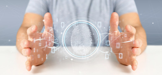 Businessman holding a Digital fingerprint identification and binary code 3d rendering