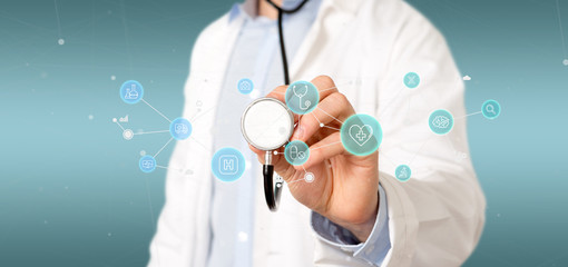 Businessman holding Medical icon and connection 3d rendering