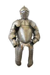 Metal helmet and armor of a medieval knight on a white background