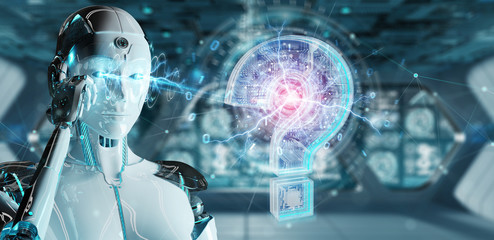 Cyborg solving problem with digital question marks 3D rendering