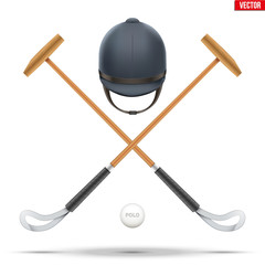 Polo mallet with horseman helmet and ball. Wood mallet equipment for horserider. Symbol of polo sport game. Vector illustration isolated on background.
