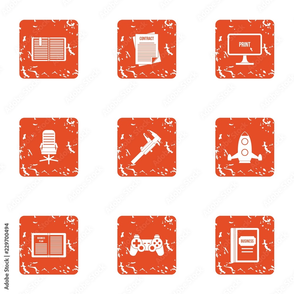 Poster game error icons set. grunge set of 9 game error vector icons for web isolated on white background