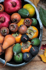 Autumn fruits, pears, medlar, German Mespilus, feijoa, persimmon, pomegranate, figs, tangerines
