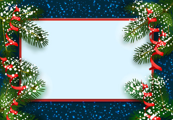 New Year. Christmas. Postcard, card. Green spruce branches in the snow from two sides. Place for advertising and announcements. Isolated illustration