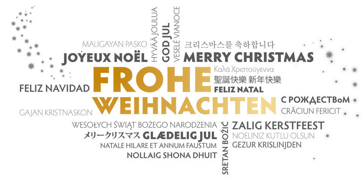 Weihnachtskarte Frohe Weihnachten mehrsprachig gold weiß  schwarz