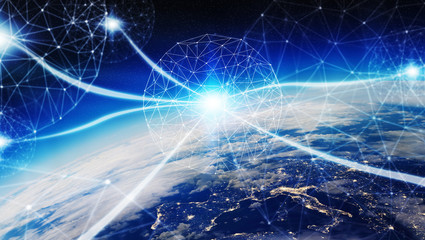 Connections system and datas exchanges on planet Earth 3D rendering