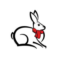 Icon of a rabbit. Black and white abstract logo. Vector illustration. Red scarf.