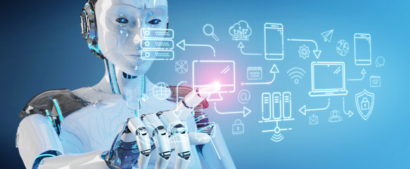 White humanoid controlling modern devices interface system