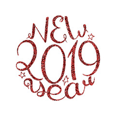 2019 New Year calligraphy. Handwriting phrase. Vector illustration. Red sequin