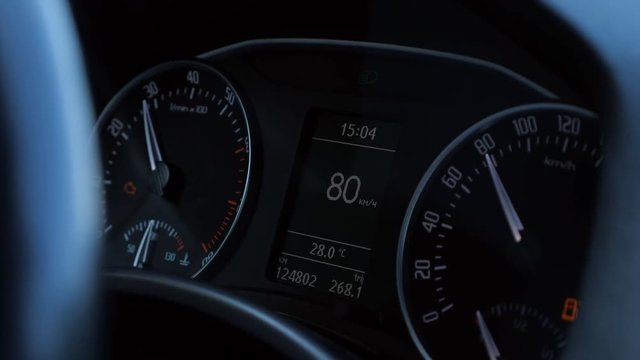 speedometer of a car at cruising speed of 80 km/h.