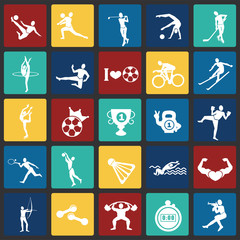 Sport disciplines set on color squares flat background icons