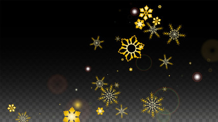 Christmas  Vector Background with Gold Falling Snowflakes Isolated on Transparent Background. Realistic Snow Sparkle Pattern. Snowfall Overlay Print. Winter Sky. Design for Party Invitation.