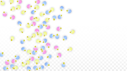 Vector Realistic Colorful Petals Falling on Transparent Background.  Spring Romantic Flowers Illustration. Flying Petals. Sakura Spa Design. Blossom Confetti. Design Elements for Wedding Decoration.