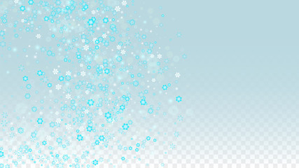 Christmas  Vector Background with Blue Falling Snowflakes Isolated on Transparent Background. Realistic Snow Sparkle Pattern. Snowfall Overlay Print. Winter Sky. Design for Party Invitation.