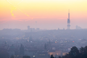 Fototapeta premium Zizkov television tower, at sunrise, Lesser Town (UNESCO), Prague, Czech republic