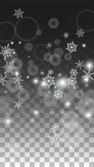 Christmas  Vector Background with White Falling Snowflakes Isolated on Transparent Background. Realistic Snow Sparkle Pattern. Snowfall Overlay Print. Winter Sky. Design for Party Invitation.