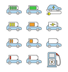Electric car battery charging color icons set