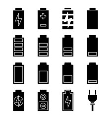 Battery charging glyph icons set