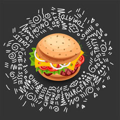Vector Fast food Burger Icon, isolated on black background. Junk Food Burger with cheese, meat, greens. Delishious Burger Illustration. Fresh American Street Food Burger Icon with doodle decoration