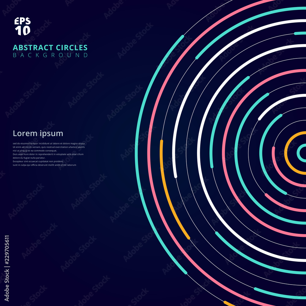 Poster abstract template colorful lines bright circles pattern on dark background.