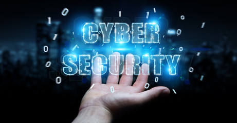 Businessman using cyber security text hologram 3D rendering