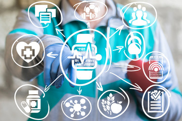 Female medic push a mobile hartbeat monitor button on a virtual screen. Smart watch medicine tech instrument. Modern Health and Fitness concept.