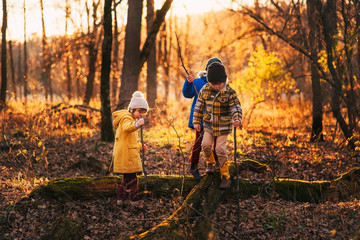 Three children playing in the woods, United States