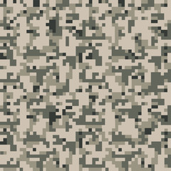 Pixel camo background. Seamless camouflage pattern. Military texture. Gray color. Vector fabric textile print designs.