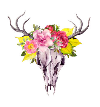 Deer animal skull with autumn leaves, flowers. Watercolor in vintage boho style