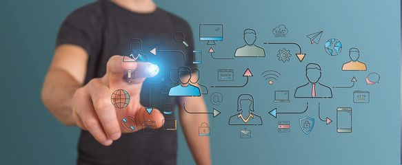 Businessman using thin line social network icons interface