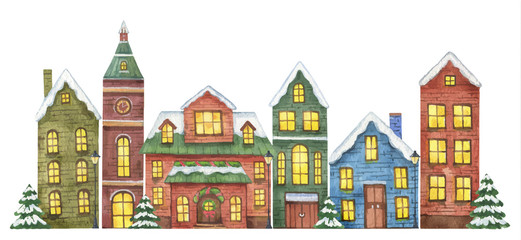 Naklejka premium Winter vector illustration with houses isolated on white background.