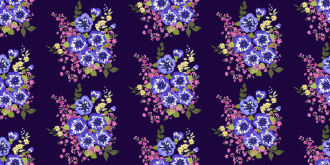 Fototapeta na wymiar Simple cute pattern in small-scale flowers of petunias. Millefleurs. Regular order. Floral seamless background for textile or book covers, manufacturing, wallpapers, print, gift wrap and scrapbooking.